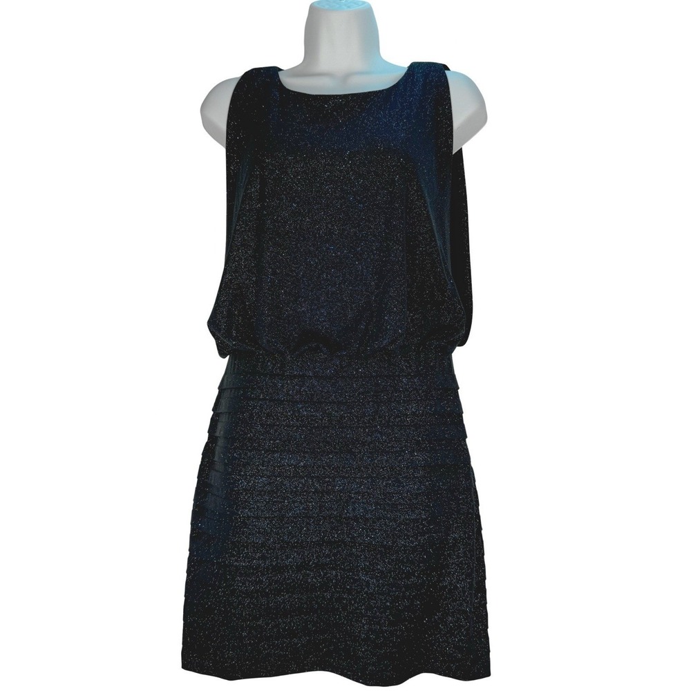 Black‎ Metallic Glitter Blouson Open Back Tiered Bandage Mini Dress Sleeveless
